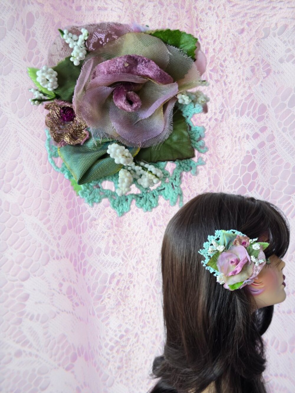 Handmade Lavender and Pink Velvet Rose Posey Hair Clip • Cottage Balletcore